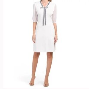 NWT Nanette Lepore Brilliant White Black Neck Tie Puff Sleeve Pencil Dress M